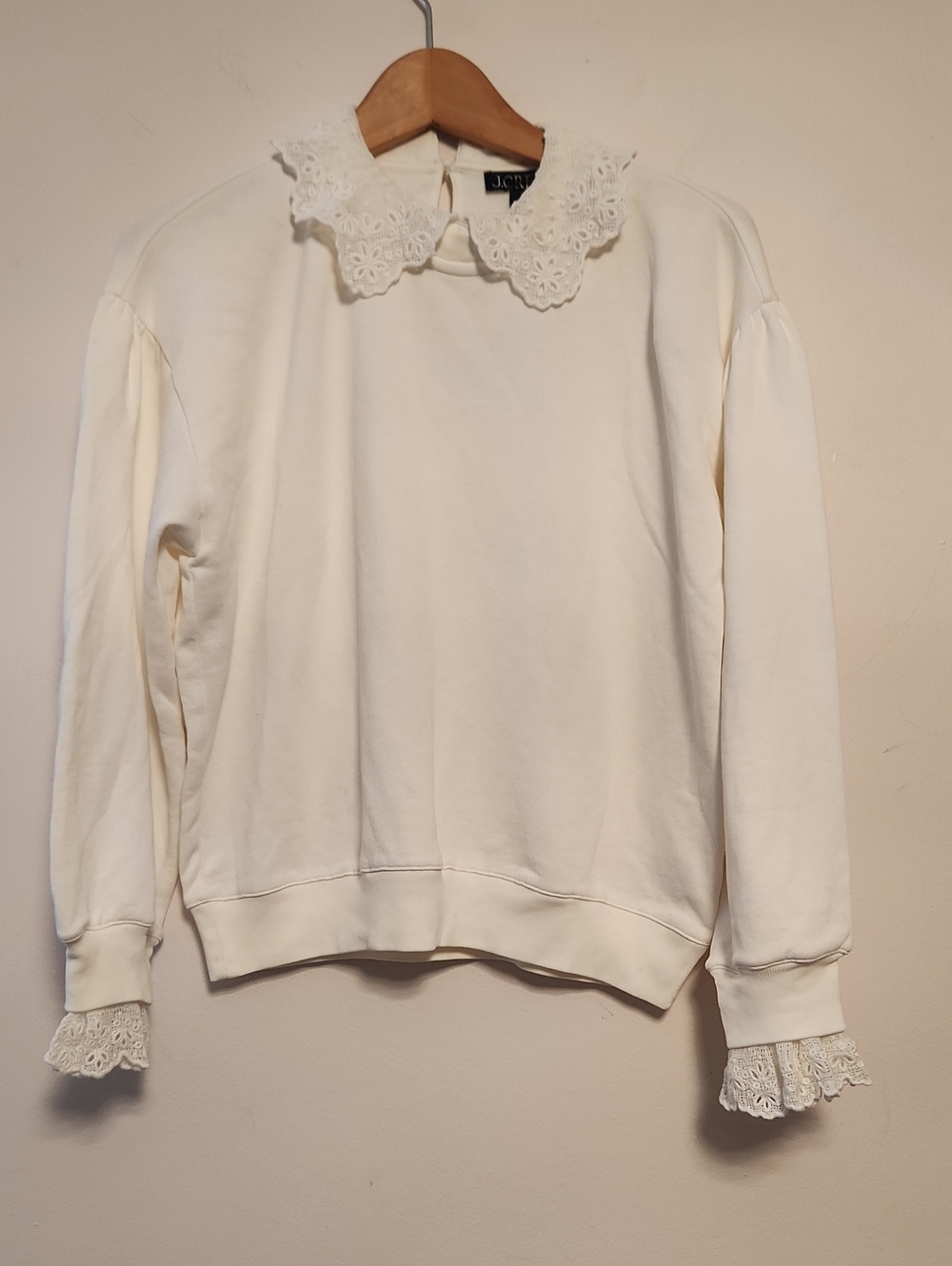 J.Crew off white French Terry  lace-collar Puff Sleeve sweatshirt sz S oversized